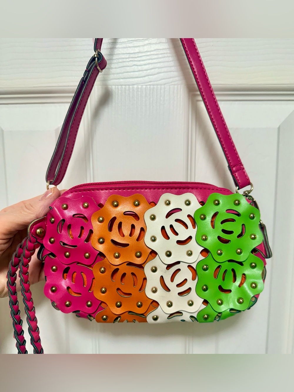 Women’s Multicolor Floral Laser-Cut Wristlet with Pink Braided Strap